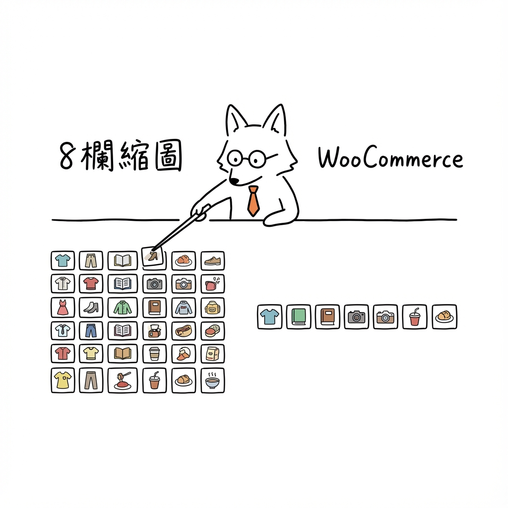 WooCommerce 8欄縮圖設定教學,狐狸工程師指著密集的縮圖網格